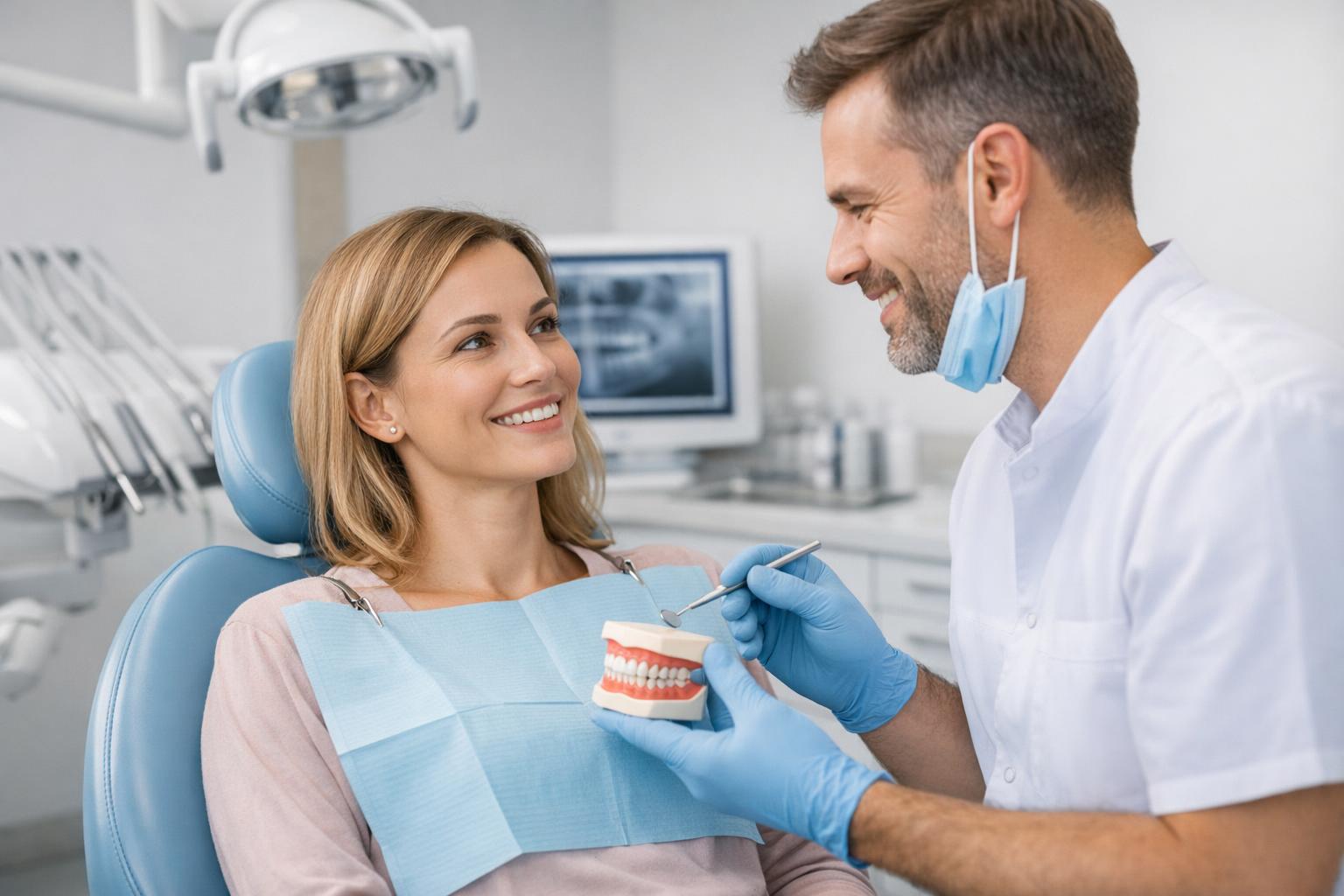 Pacjentka u dentysty podczas konsultacji - atmosfera zaufania i profesjonalizmu